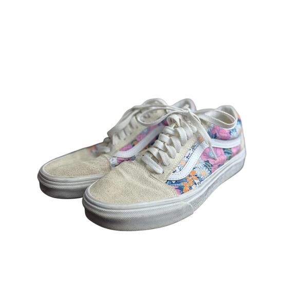 VAN's Old Skool Cream Suede Leather w/ Pink Floral Print Multi-Color - W.8 - EUC - Picture 8 of 9